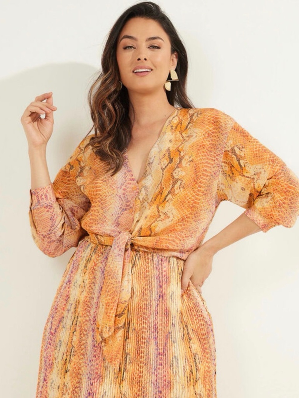 MARCIANO Silk Snake Print Tie Front Blouse